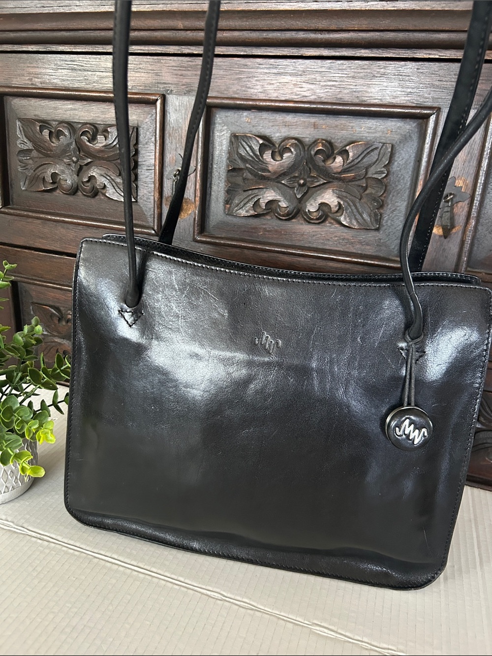 Monsac Black Leather Shoulder Tote with Logo Charm